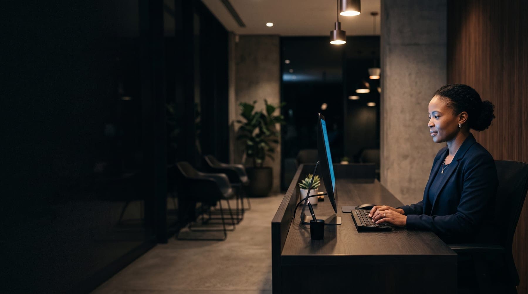 A receptionist at the front desk of a private dental practice after hours.