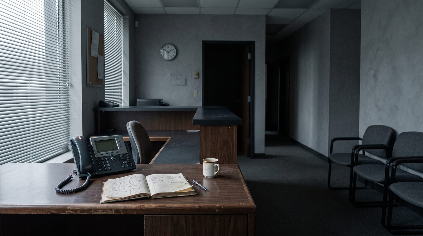An empty clinic reception desk at lunchtime, with a phone and an open appointment book.